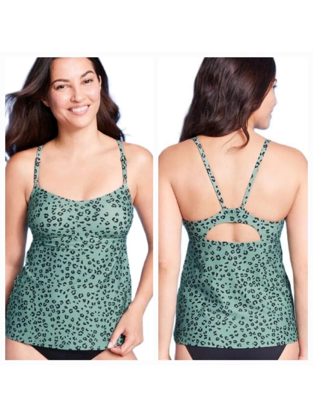 NEW Kona Sol T Back Tankini Green Leopard Print Swim Top Sz 1X